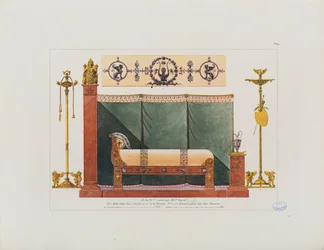 Uitzicht en details van een slaapkamer in Parijs, bed gemaakt door Alexandre de Regnier, uit 